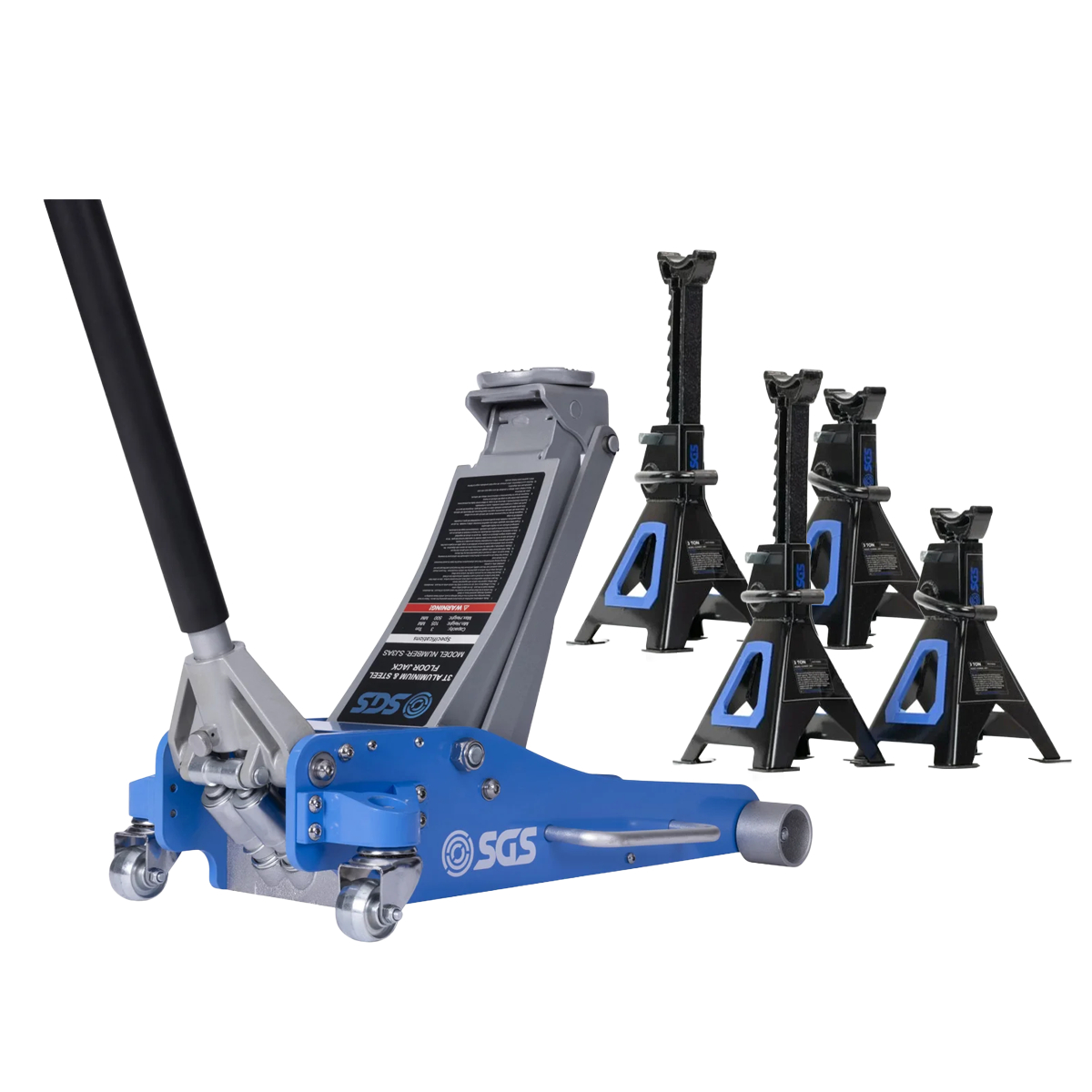 SGS 3 Tonne Aluminium & Steel Floor Jack | 4x 3 Tonne Ratchet Axle Stands